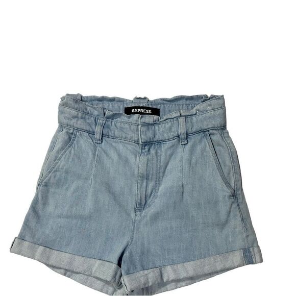 Express Super High Waisted Denim Belted Paperbag Shorts Size 0 - Picture 2 of 7